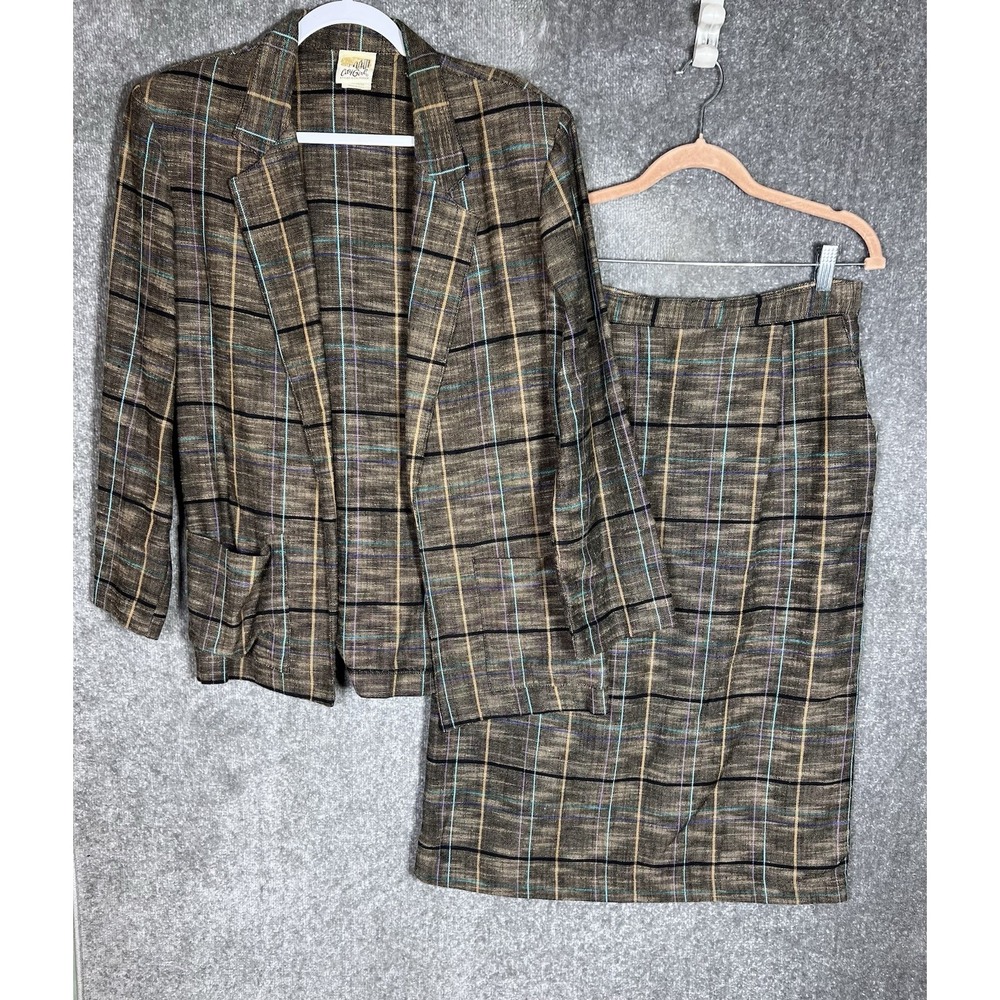 Vintage City Girl Tweed Blazer Skirt Set Womens‎ Juniors Size 13/14 Brown Plaid